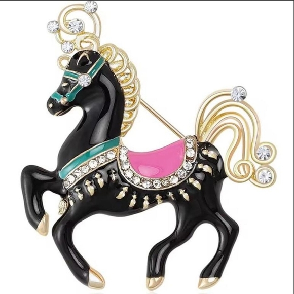 "NEW" Black and Gold Plated Carriage Horse Brooch - Picture 1 of 1